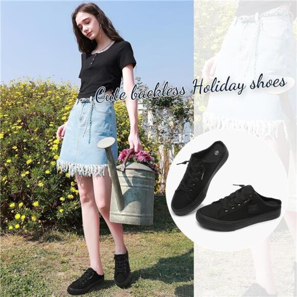 Women's Slip on Sneakers Canvas Slip Full Black - Picture 2 of 6